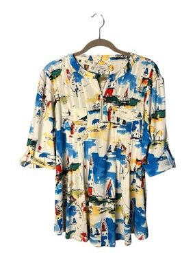 Kim Rogers White Popover Blouse with Blue and Yellow Nautical Print